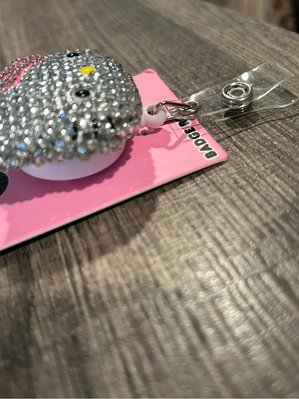 Hello Kitty Silver Crystal Badge Reel with Pink Bow Accent
